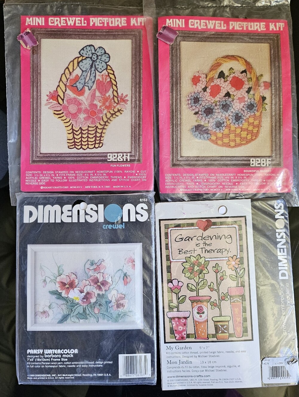 ×4 Mini Crewel Picture Kit "Bountiful Basket" "Hanging Plant" Flowers Embroidery